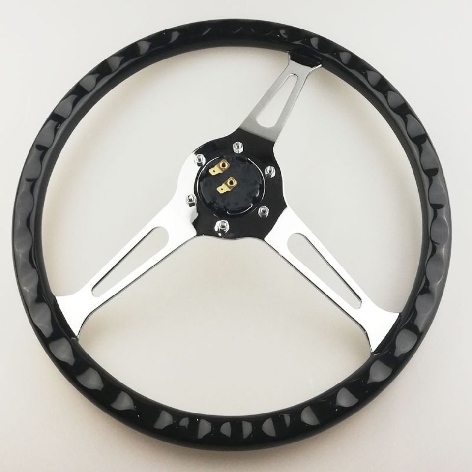 黒 ウッド金属3スポークステアリング本体15インチ380cm ウッドブラックステアリングトランペット付き カスタムステアリング ウッドステアリング ブラックウッドステアリング クラシックカー 3スポー