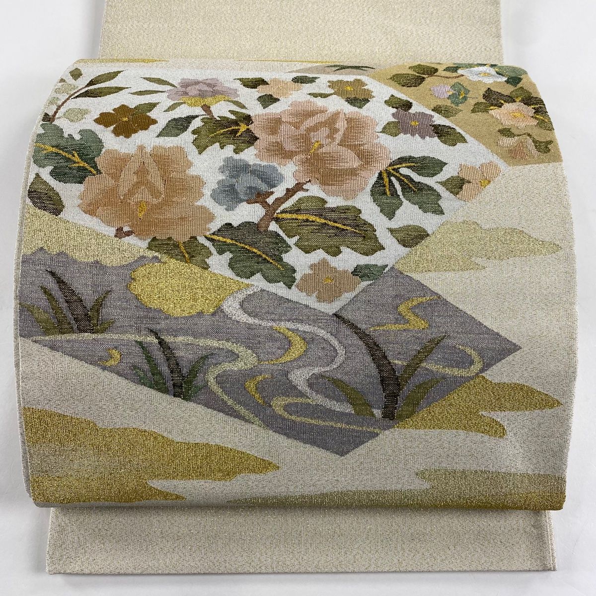 袋帯 名品 牡丹 流水 金銀糸 箔 クリーム お太鼓柄 正絹 【】