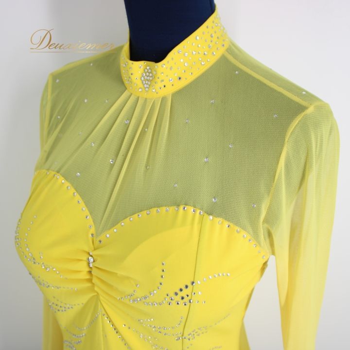 社交ダンス 衣装 ドレス ワンピース パーティ衣装 女性用 レディース オールシーズン 黒 黄色 ラインストーン 夢館 Dream Kan ブラック系 イエロー系 バイ 美しい 広がり ステージ映え 大人かわいい 二重仕立て 夢館 ブランド