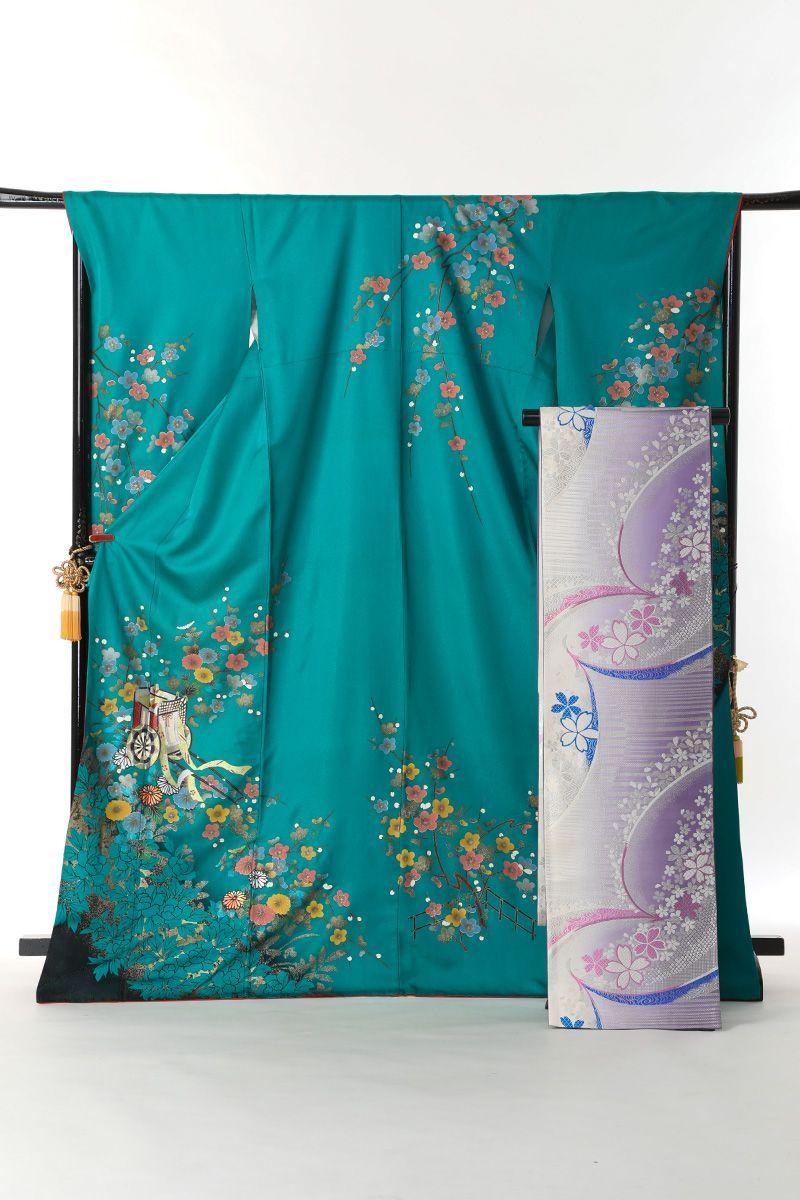【Y0645】Ｓ大サイズお仕立上り正絹振袖　緑色地に花、御所車模様絞入　綸子生地 振袖 身丈167cm 裄丈68cm L 袷 袋帯フルセット 花鳥 御所車 金糸