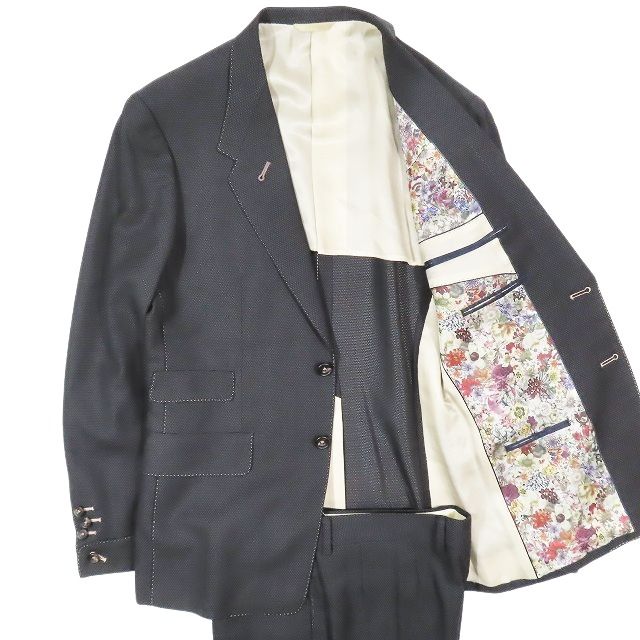 美品 ポールスミスコレクション PAUL SMITH COLLECTION スーツ セットアップ テーラード ジャケット 2B ブレザー 背抜き 花柄 フラワー 本切羽 スラックス パンツ ピンドット ステッチ ウール シル