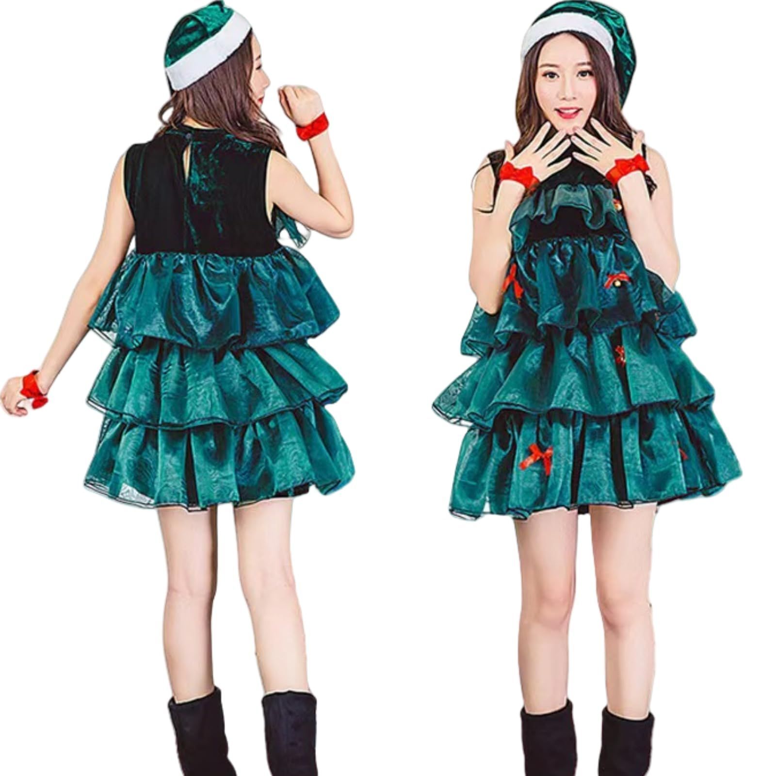 [COSSA] クリスマスツリー コスプレ レディース サンタ コスプレ 衣装 可愛い サンタクロース 衣装 ４点セット 帽子付き