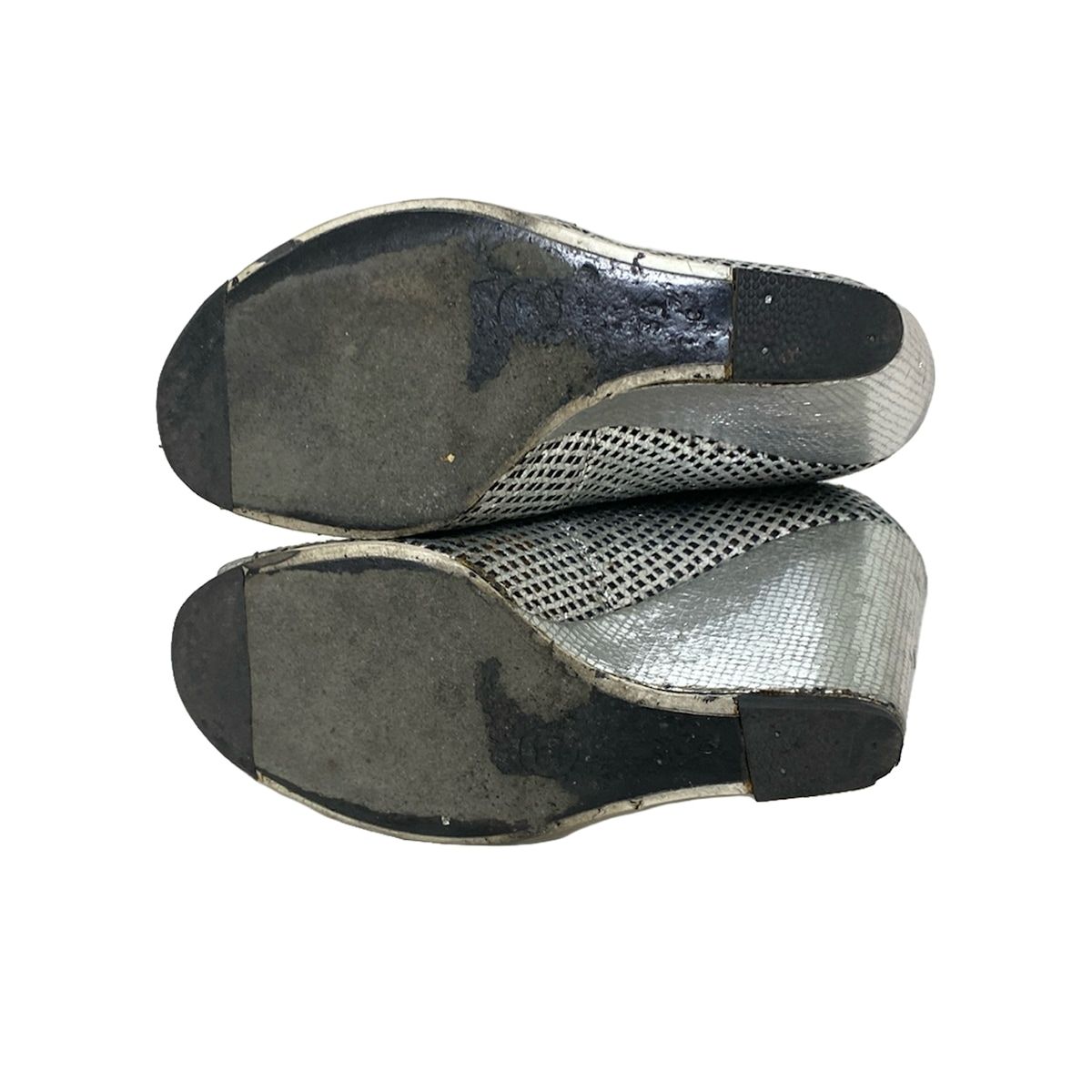 CHANEL シャネル ショートブーツ 34C レディース - G26031 シルバー×黒 オープントゥ|ウェッジソール レザー KIN-KAAI_COM