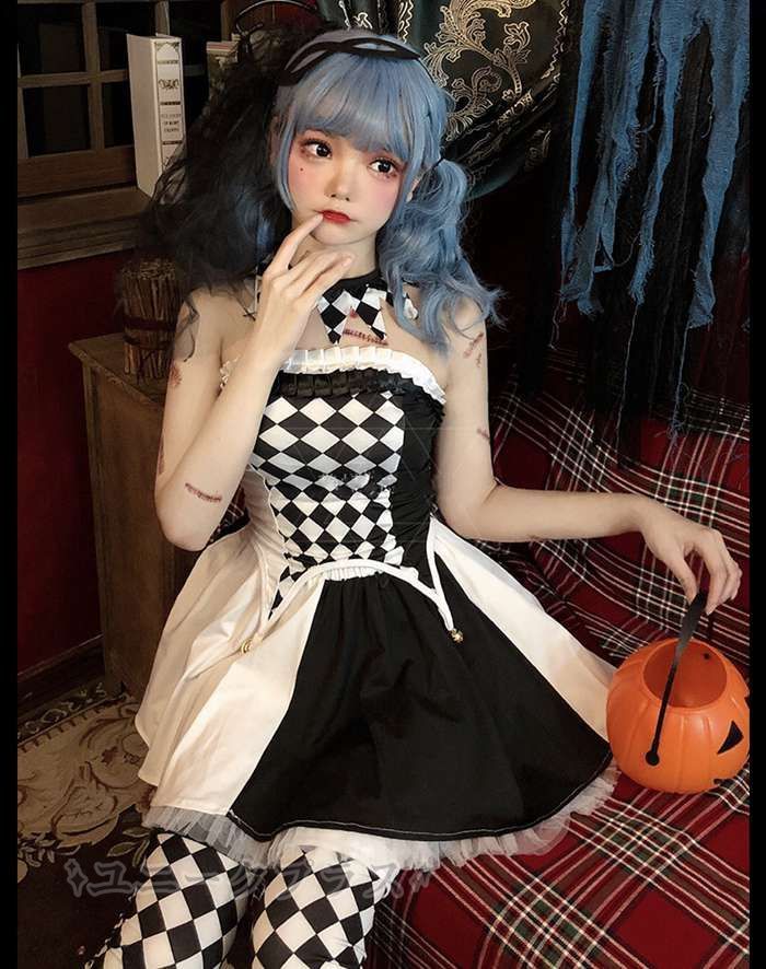 ハロウィン衣装　ハロウィン コスプレ魔女 ハロウィン コスプレ ワンピース ピエロ レディース 5点セットコスチューム 大人用 ハロウィン 衣装 仮装 コスプレ 魔女 コスプレ ハロウィーン パーティー 変装 halloween58