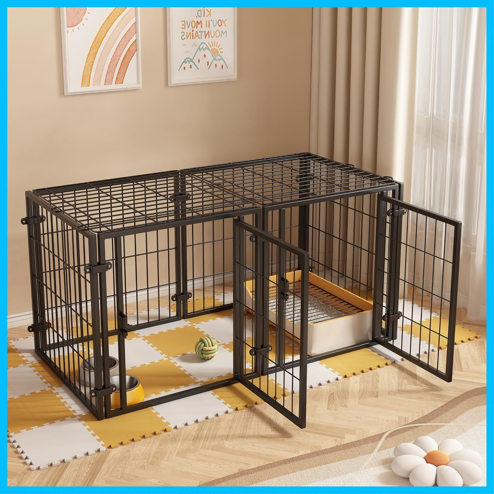ペットサークル 犬 ゲージ ペットフェンス 犬 サークルケージドア付き サイズ 120x60x60CM 屋根面付き 2つのドア 組立簡単 レイアウト自由 トイレトレーニング 脱走防止 自立 ケージ 犬用 小型犬 中型犬 大型犬 ペット用品 DIY 室内外兼