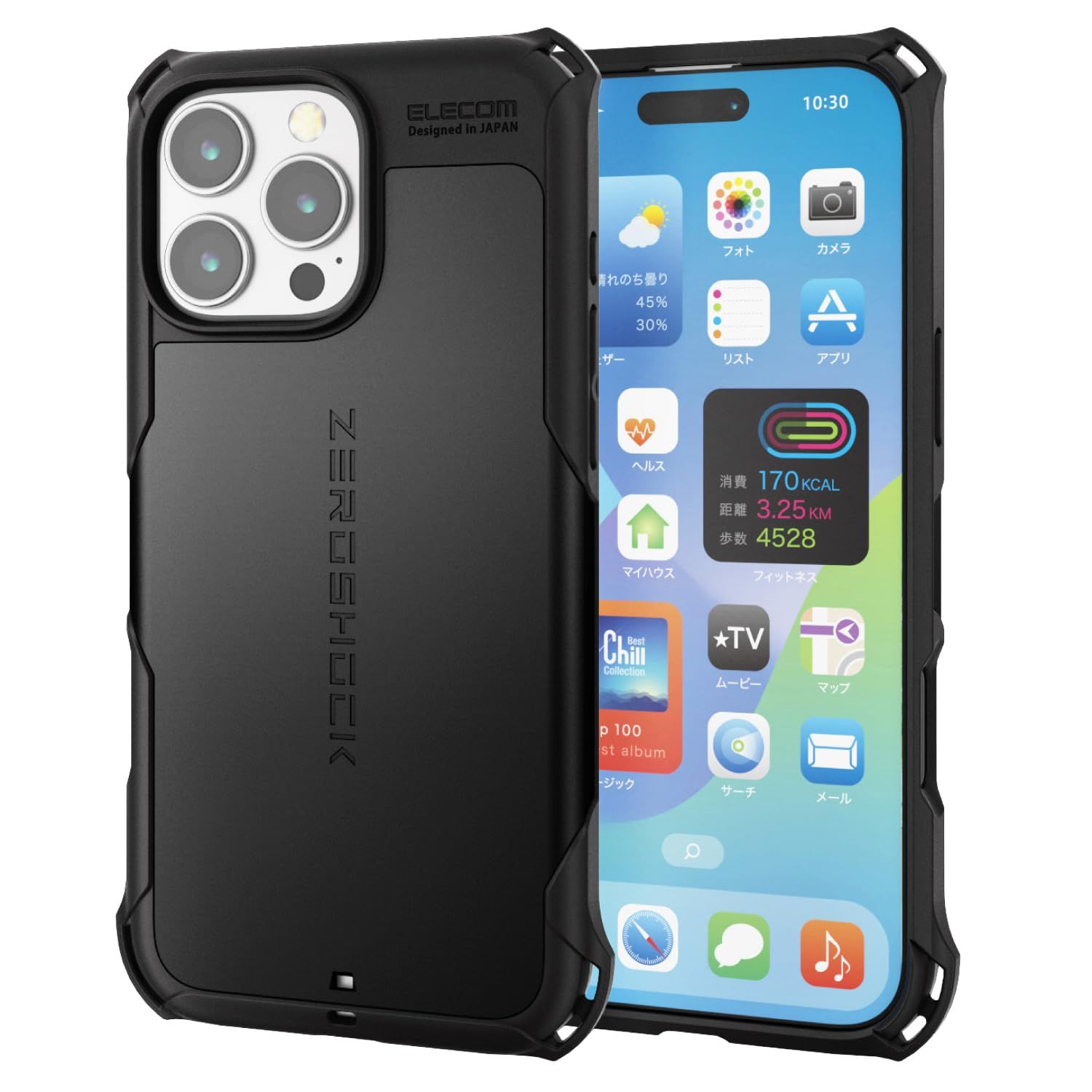 エレコム iPhone 16 Pro Max ケース クリア 耐衝撃 衝撃吸収 ZEROSHOCK [フィルム付き] ワイヤレス充電対応 ハニカム構造 4つ角ダンパー ストラップホール付き ブ [ブラック] [1)ケース単体] [ZEROSHOCK(耐衝撃)]