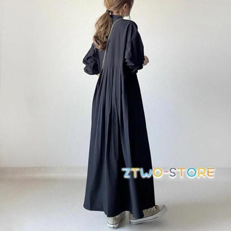 ワンピース マキシワンピース レディース 長袖 春 秋 無地 シャツワンピース 立ち襟 Aライン フ ワンピース 大きいサイズ 着痩せ ゆったり 体型カバー GULLKHAN_COM