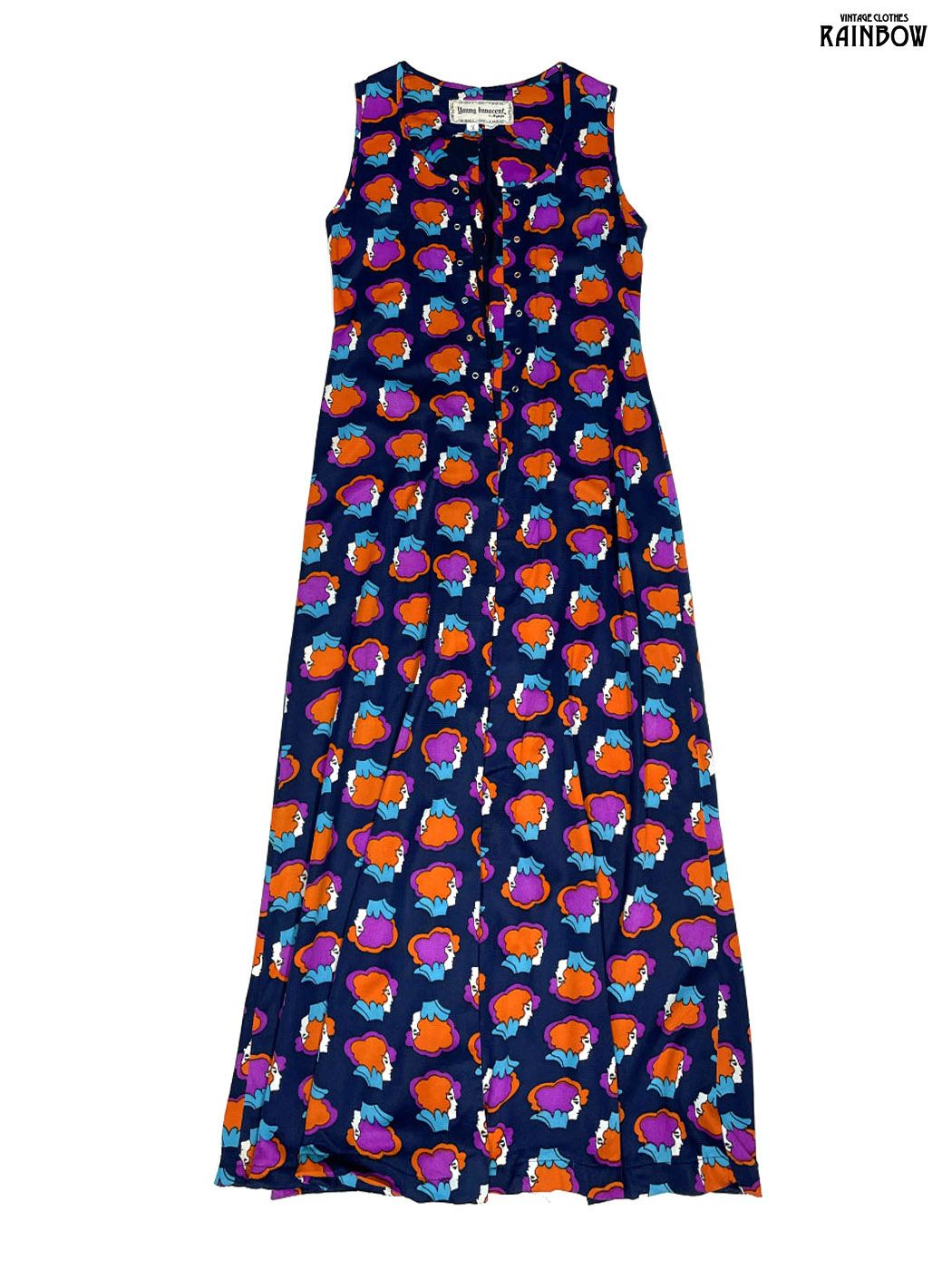 古着 Young Innocent 前開き 総柄 ロング丈 ノースリーブ アウター 羽織り 紺 ttu2509082