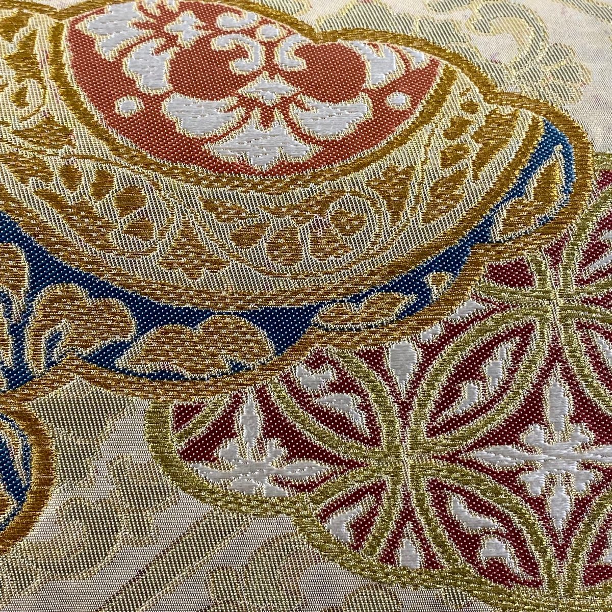 袋帯 美品 名品 川島織物 落款 雲文 七宝 金糸 箔 金色 六通