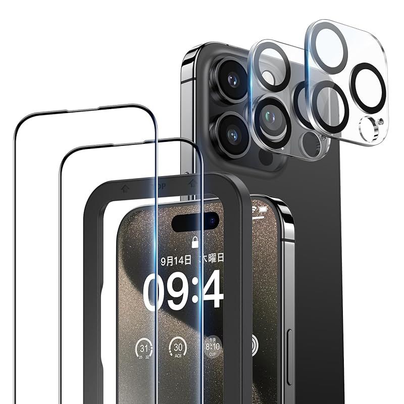 NIMASO ガラスフィルム (2枚) + カメラフィルム (2枚) iPhone15Pro用 全面保護 強化ガラス フィルム ガイド枠付き カメラ保護 レンズカバー 硬度9H 耐衝撃 自動吸着 アイフォン15プロ（6.1インチ）対