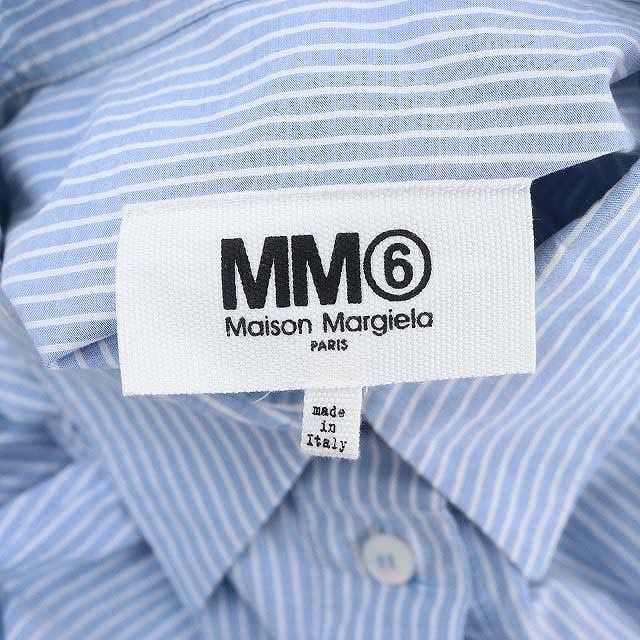 エムエムシックス メゾンマルジェラ MM6 Maison Margiela ストライプ シャツワンピース コットン ミモレ丈 ロング 長袖 42  ライトブルー 白 ホワイト /HS ■OS