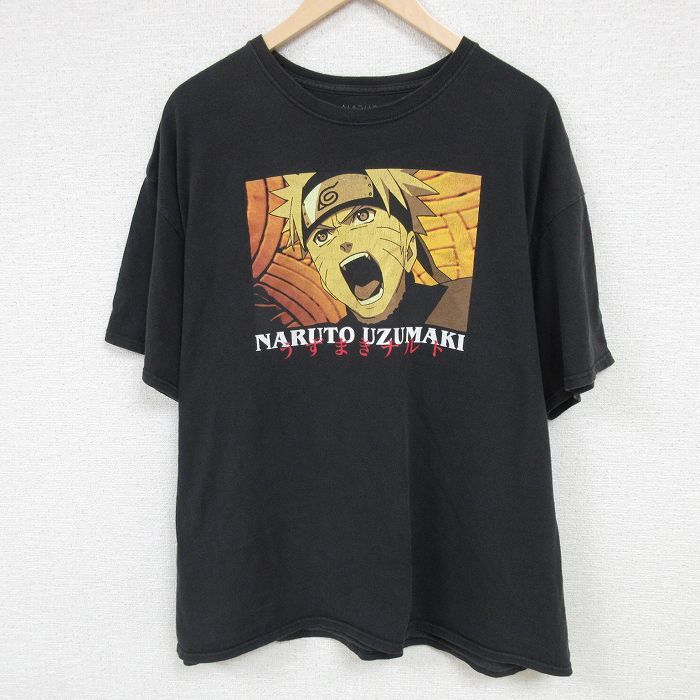 XL/古着 半袖 Tシャツ メンズ アニメ NARUTO ナルト疾風伝 うずまきナルト 大きいサイズ コットン クルーネック 黒 ブラック 24jun21 中古