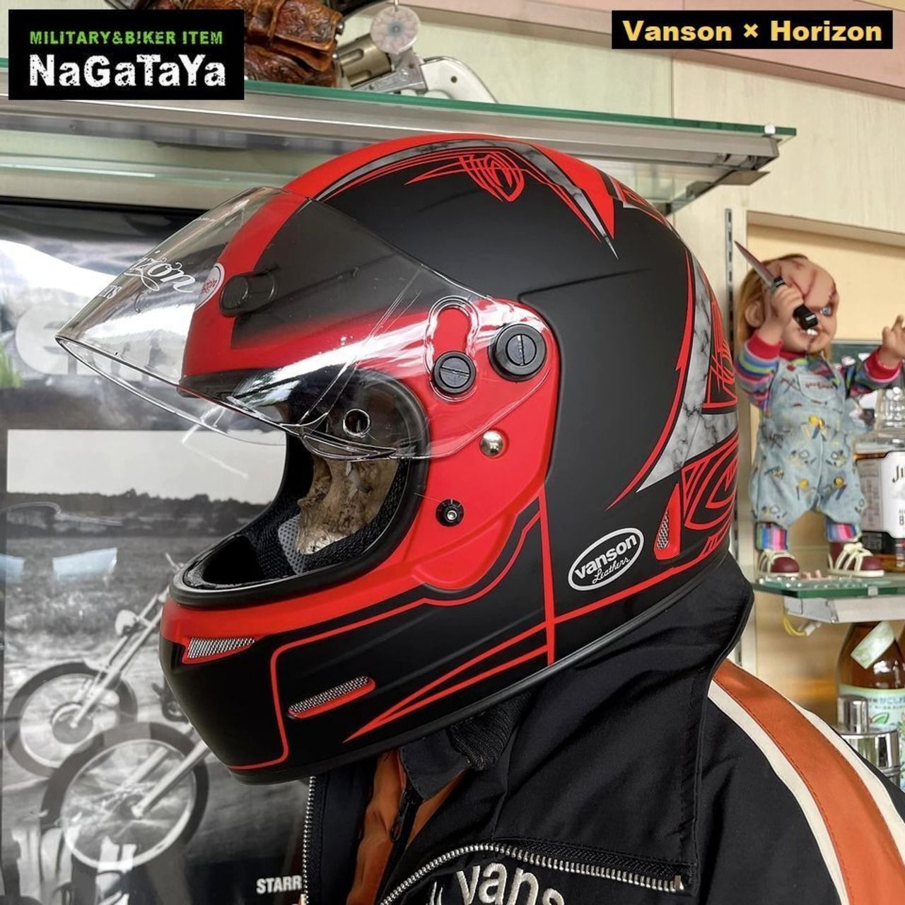 アメリカン トラッカー系 HORIZON x VANSON HELMET ホライゾン×バンソン 限定コラボ フルフェイスヘルメット+ミラーシールドセット  HVXXXR-01 艶消しブラック×レッド - メルカリ