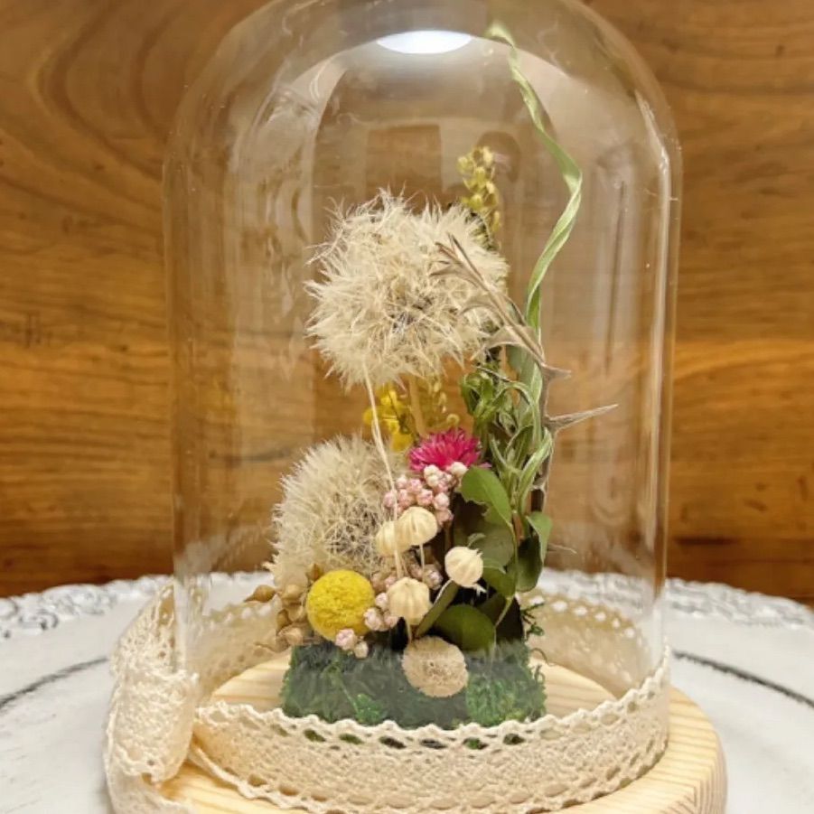 たんぽぽ綿毛のガラスドーム ドライフラワーアレンジメント ボトル