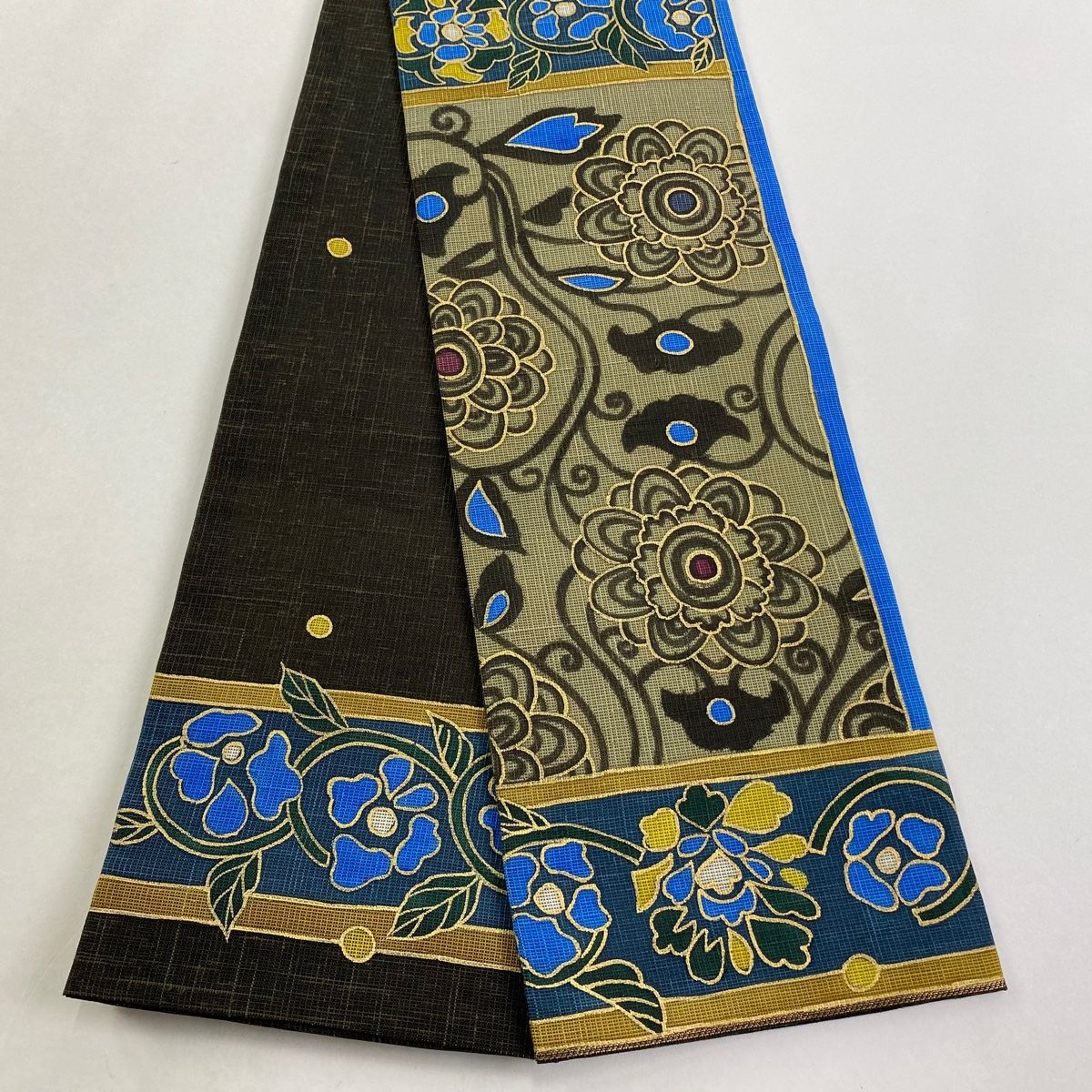 半幅帯 名品 花唐草 金彩 茶緑色 正絹