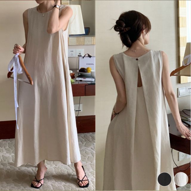 ワンピース レディース 韓国 ロング ノースリーブ ロングワンピース ゆったり バックシャン Ａライン カジュアル 無地 背中みせ 春 夏 ベージュ ブラック