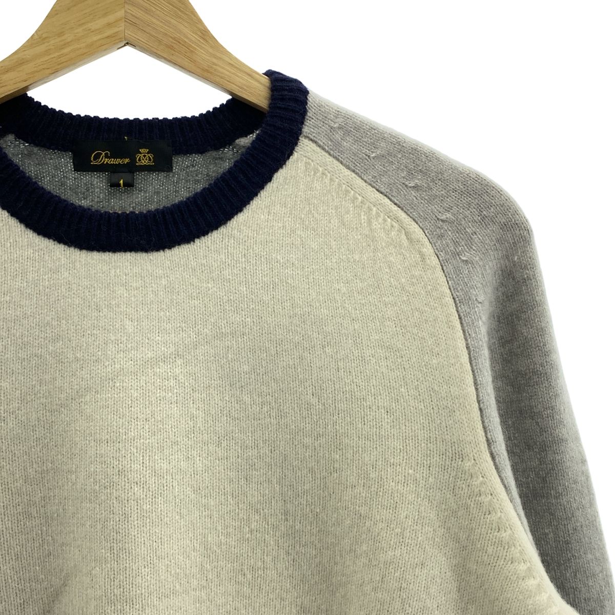 Drawer ドゥロワー ウール パネル クルーネック ニット セーター 1 ネイビー グレー オフホワイト レディース