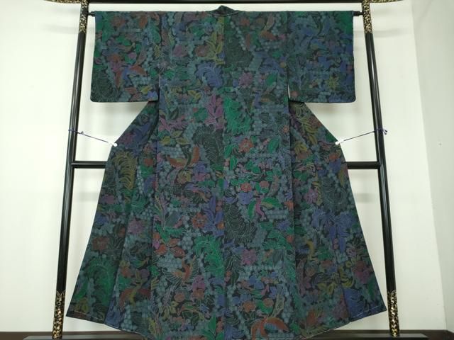 平和屋着物●上質な小紋 型染 鳳凰花文 黒地 鬼しぼ縮緬 正絹 ♥ DAAX4100ps