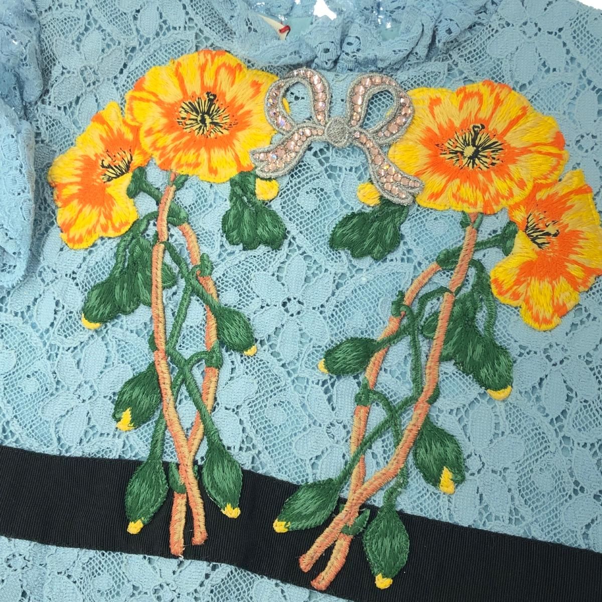 GUCCI グッチ ビジューリボン フリル 刺繍 花柄レースドレス