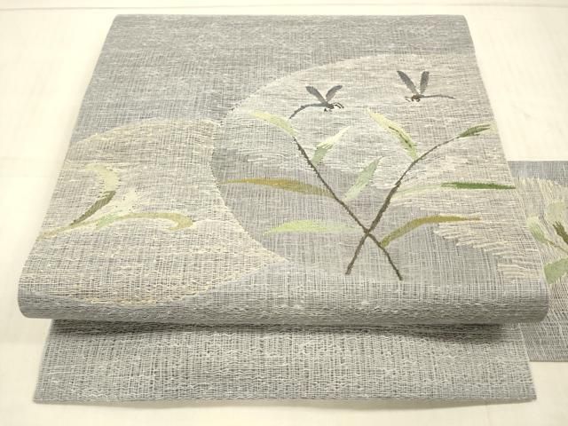 平和屋着物＊夏物 九寸名古屋帯 蜻蛉草葉文 正絹 DAAX0027cm