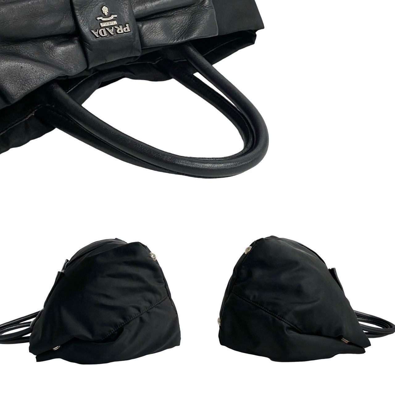 極 美品 希少品 カード付 PRADA プラダ ロゴ 金具 リボン レザー 本革