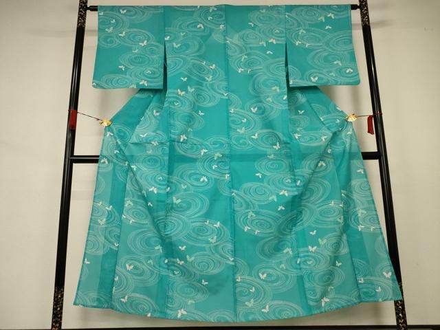 平和屋着物＊夏物 小紋 絽 流水舞蝶文 洗える着物 AABA9393jd