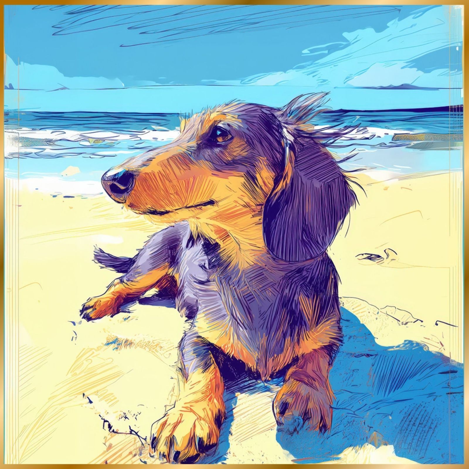 ダックスフンド犬とビーチのスケッチ No.2 海 犬の絵 犬のイラスト おしゃれ ミニマリスト ミニマリズム シンプル インテリアアート ペットロス うちの子 記念日 アートポスター ギフト プレゼント