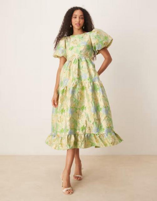 送料無料 シスタージュン レディース ワンピース トップス Dream Sister Jane Pasque flower jacquard midi dress light green and yellow Light Green Yellow