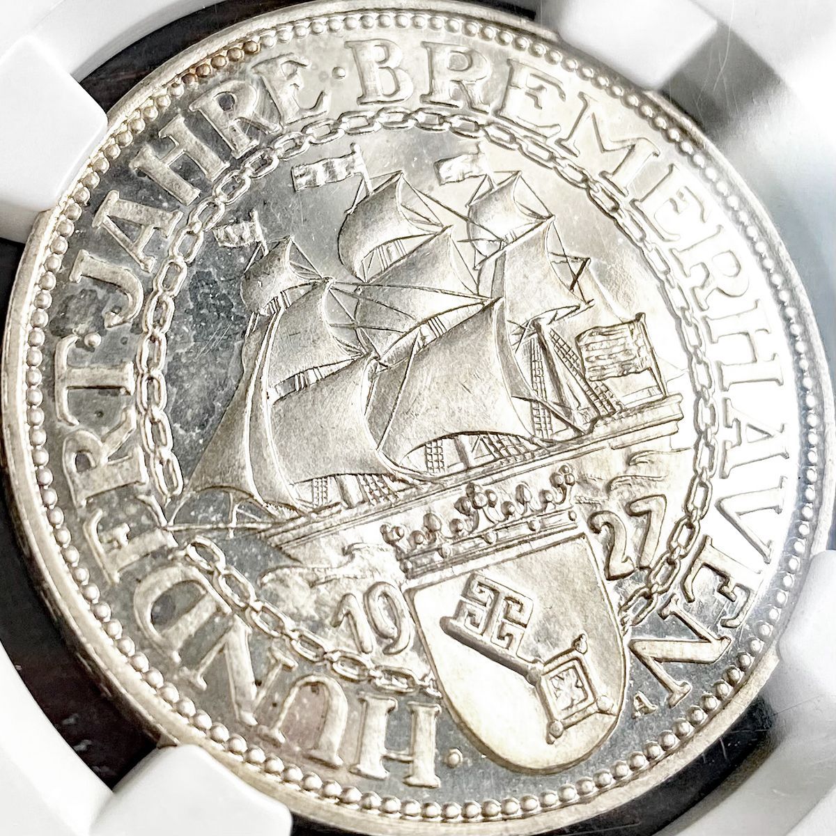 『PCGS MS65』ワイマール共和国3ライヒスマルク銀貨（1927年） ドイツ1927年5ライヒスマルク銀貨、PF66 Cameo準最高鑑定