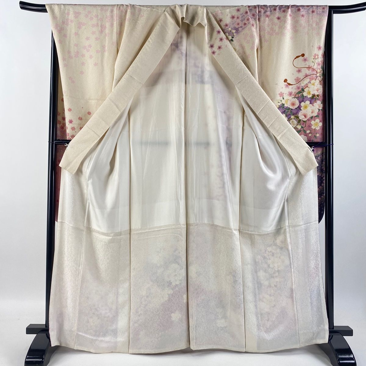 振袖 身丈171cm 裄丈67.5cm L 袷 桧扇 菊 金糸 金銀彩 茶緑色 正絹 秀品 中古