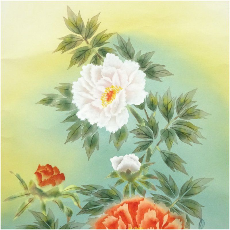 坂本松香筆 牡丹図 肉筆絹本掛軸（共箱） 掛け軸 床の間 書 おしゃれ