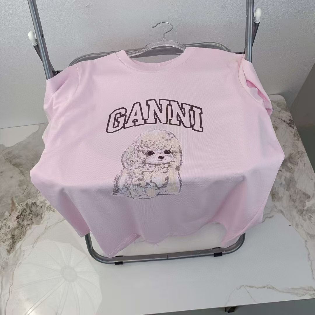 ganni ピンク サンプリント 半袖Tシャツ M GANNI street shoot blogger Nordic style cartoon smiley print