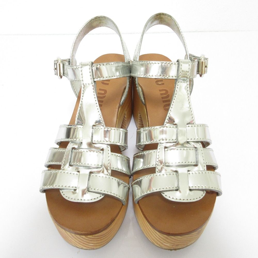 良品 miu miu ミュウミュウ レザー チャンキーヒール ウッド