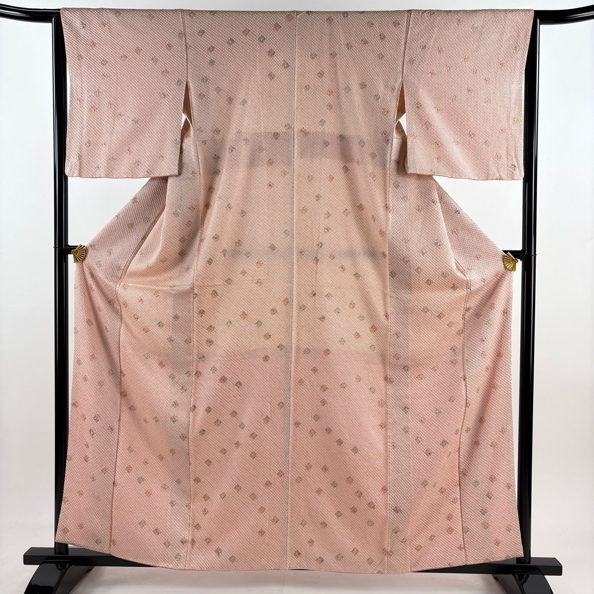 小紋 身丈161cm 裄丈64cm M 袷 幾何学 総絞り ピンク 正絹 名品