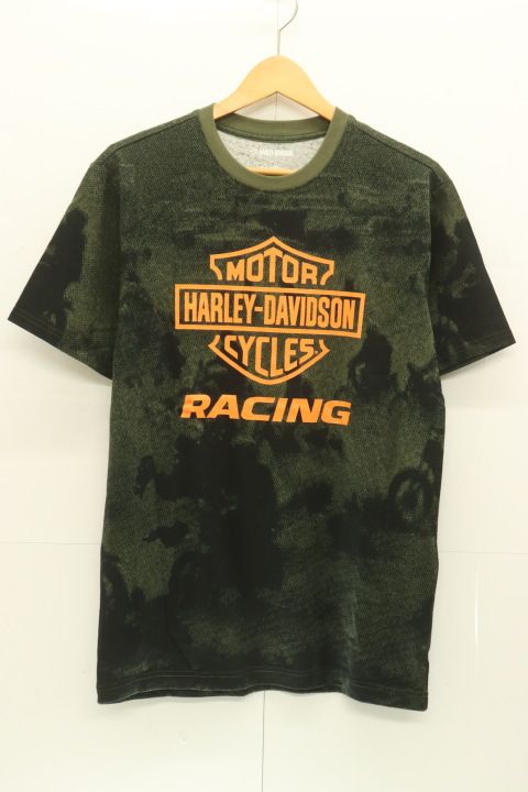 【中古】 HARLEY DAVIDSON メンズTシャツ S レーシングタイダイTシャツ HARLEY DAVIDSON S カーキ オレンジ 橙 総柄 プリント