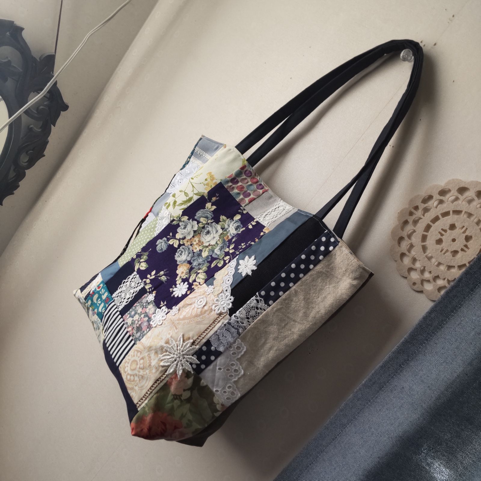 ハンドメイドランダムパッチワーク トートバッグ ピンク花柄