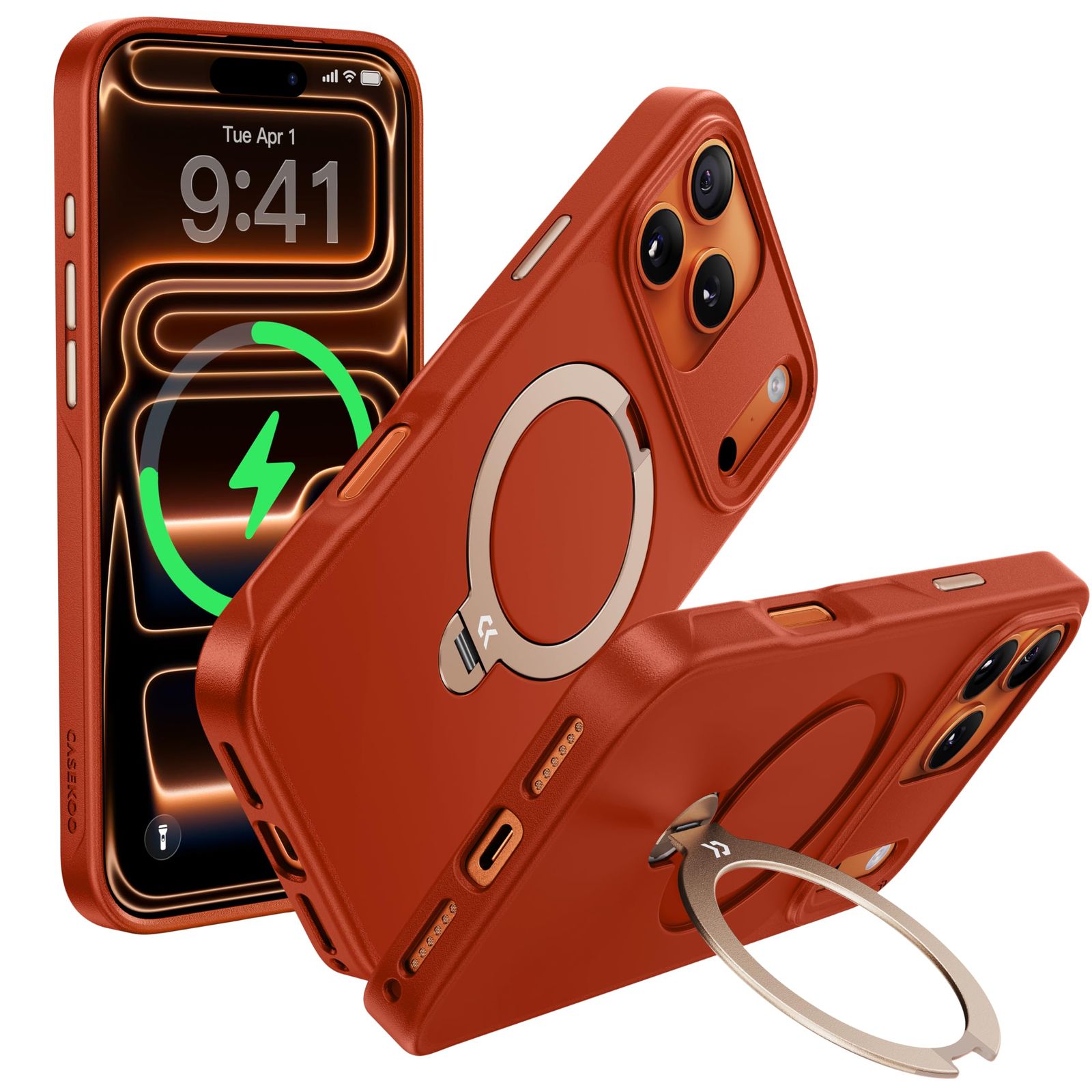 2025新登場 機能美の み CASEKOO iPhone 17 Pro Max 用 ケース 360度回転スタンド MagSafe対応 米軍MIL規格 360°全方向耐衝撃 滑り止め マット仕上げ 黄変防止 ワイヤレス充電対応 ストラップホール付き い