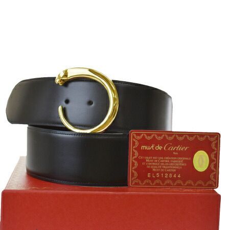【中古】 超美品 カルティエ Cartier パンテール ベルト バックル ブラック ゴールド レザー メタル 保存箱付き 65MG663