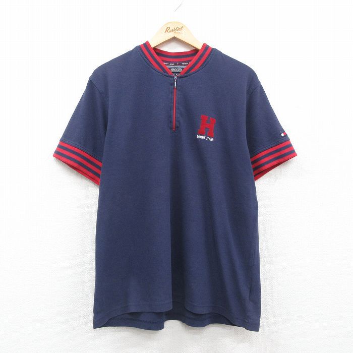 L/古着 トミーヒルフィガー トミージーンズ 半袖 ブランド ハーフジップ トップス メンズ 90s ワンポイントロゴ 紺他 ネイビー 24jun27 中