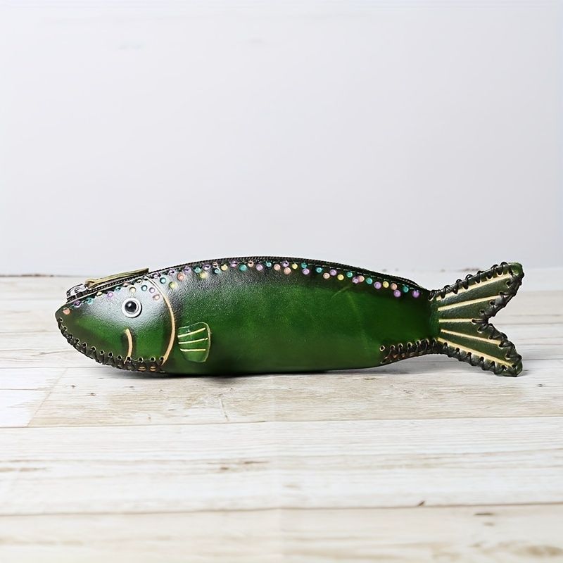  レザー コインケース コインパース マルチエレメント 本革 漫画 魚の形 メンズ キュートスタイル コントラストディテール付き ヘッドレイヤー牛革 横型ジッパーバッグ ヴィンテージ風 牛革 上質な牛革 コイン収納バッグ 魚 釣り好き オレンジ グリーン コインケース 小銭入れ 小物