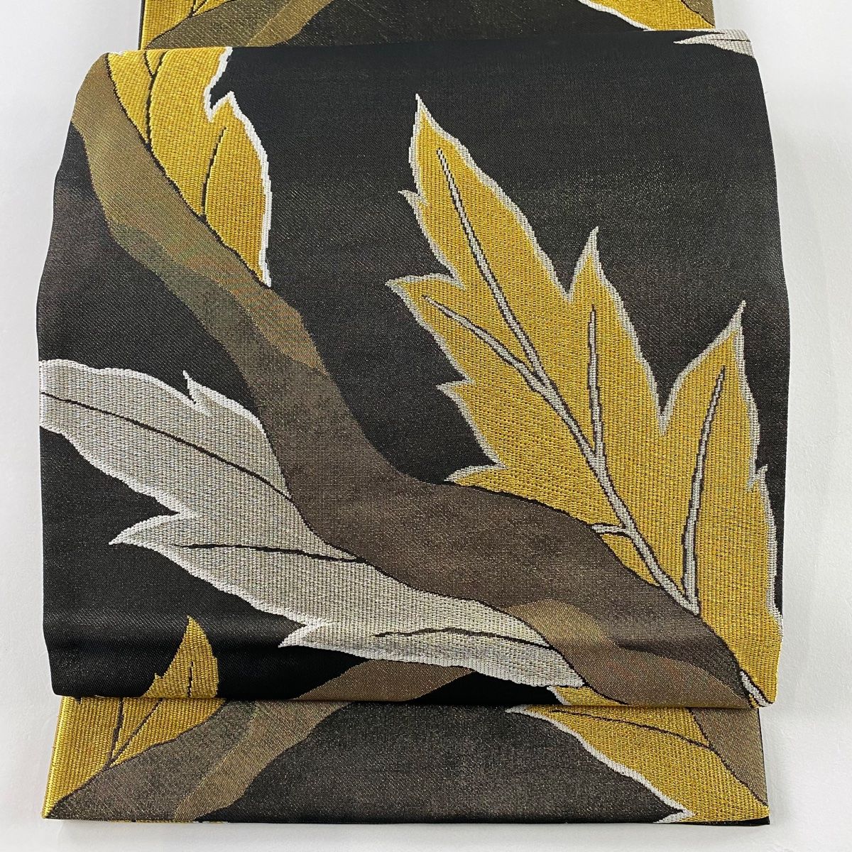 袋帯 秀品 葉柄 金銀糸 箔 金茶 全通 正絹