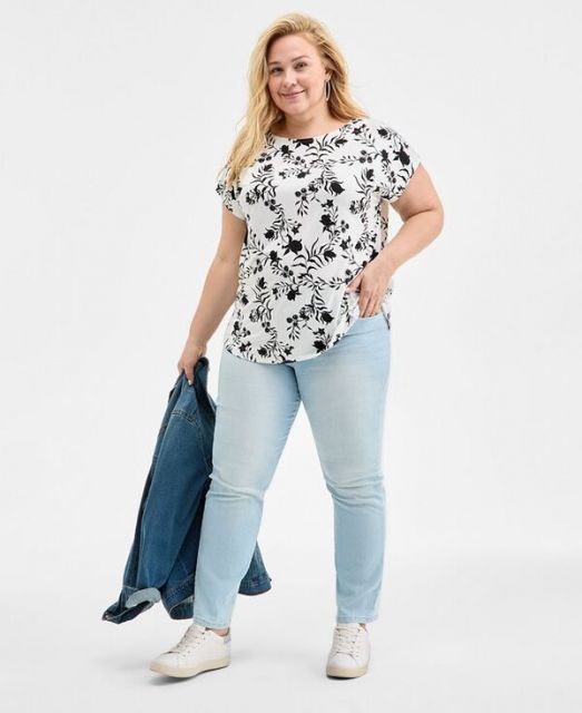 売れ筋商品|||スタイルアンドコー カットソー トップス レディース Plus Size Printed Mixed-Media Relaxed Top, Exclusively at Macy's Simple Shiitake 送料無料】 スタイルアンドコー レディース シャツ トップス