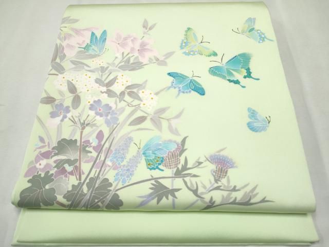 平和屋着物○塩瀬 九寸開き名古屋帯 友禅 作家物 花蝶文 正絹 逸品