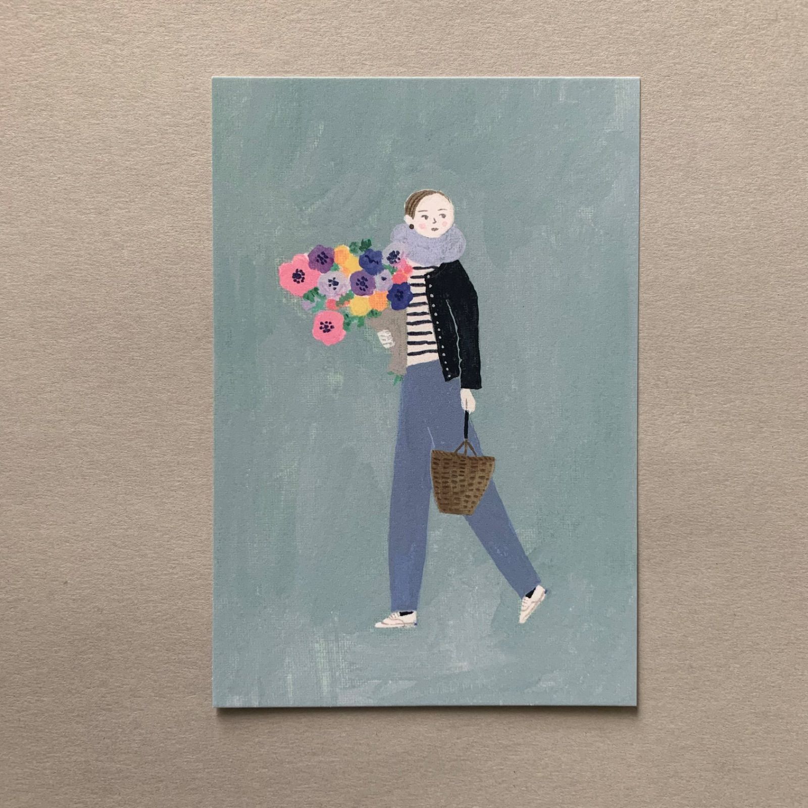 「Bouquet」ポストカード　３枚セット　パリ　シネマ　散歩　花束　アネモネ　パリジェンヌ　ボーダー　女の子-1