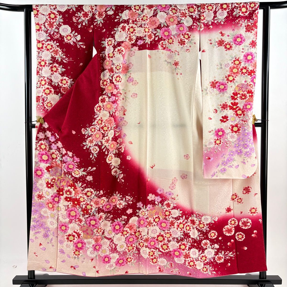 振袖 身丈154.5cm 裄丈62cm S 袷 手鞠 桜 銀通し 金糸 赤 正絹 名品