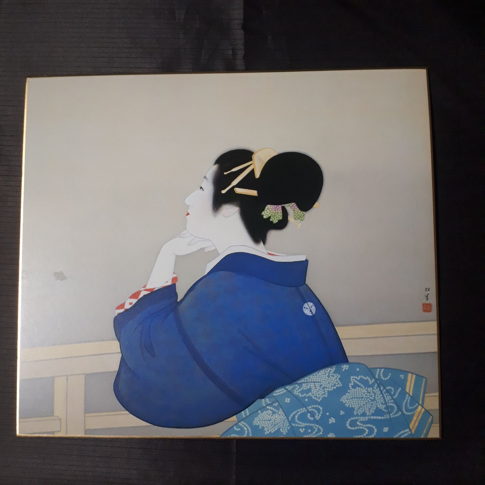 日本画 上村松園 「待月」 手摺木版画 額装 限定品300部 モモセ版画