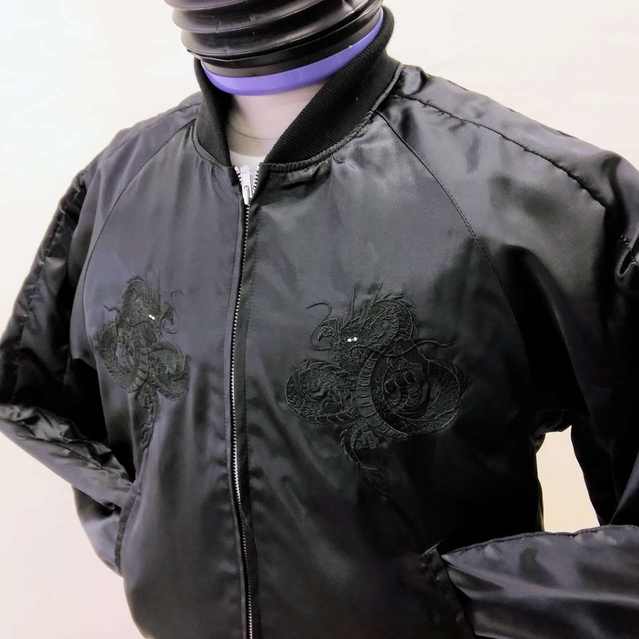 サテン 黒龍刺繍 スカジャン 黒×黒 L LL Embroidered jumper （S