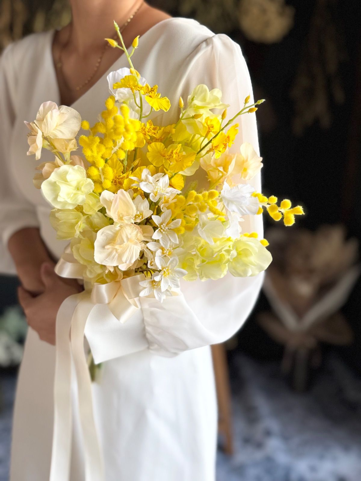 ミモザ×スイートピークラッチブーケ☆ブートニア