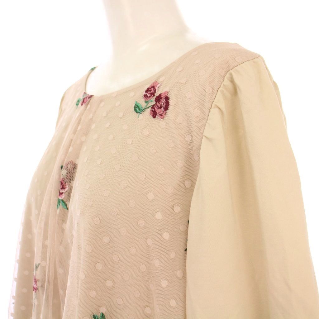  ローズティアラ Rose Tiara チュール刺繍切替チュニック 七分袖 クルーネック ストレッチ 柄 薔薇柄 ドット柄 46 ベージュ BB 五分袖 七分袖 チュニック