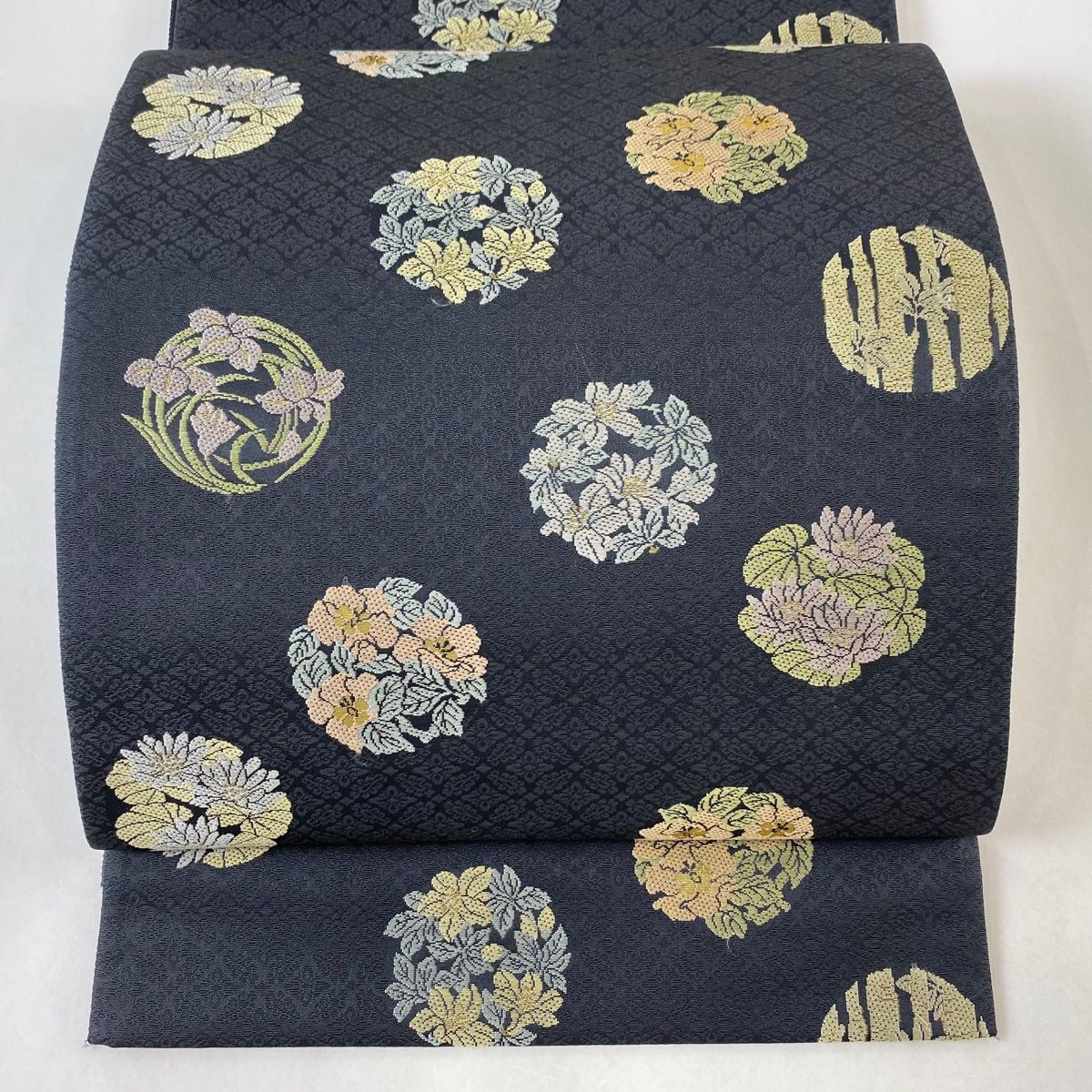 袋帯 逸品 箔屋清兵衛 落款 花丸文 草木染 箔 墨色 六通 正絹 【中古  